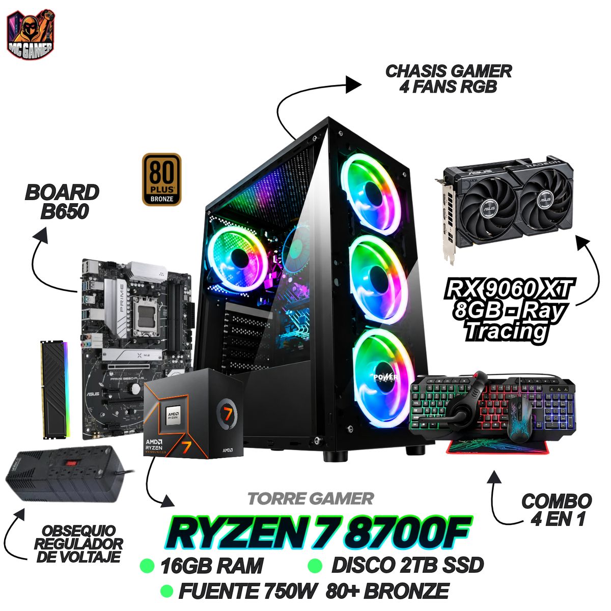 AMD - TORRE GAMER RYZEN 7 8700F - RX 9060XT 8GB - 16GB RAM - 2TB SSD - B650