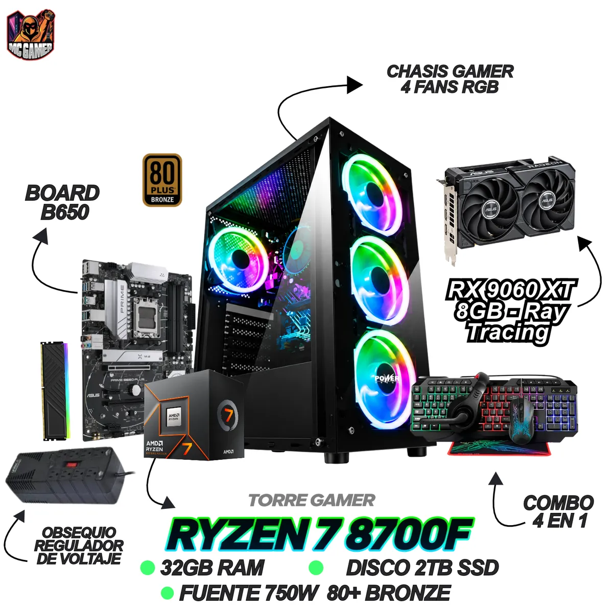 AMD - TORRE GAMER RYZEN 7 8700F - RX 9060XT 8GB - 32GB RAM - 2TB SSD - B650