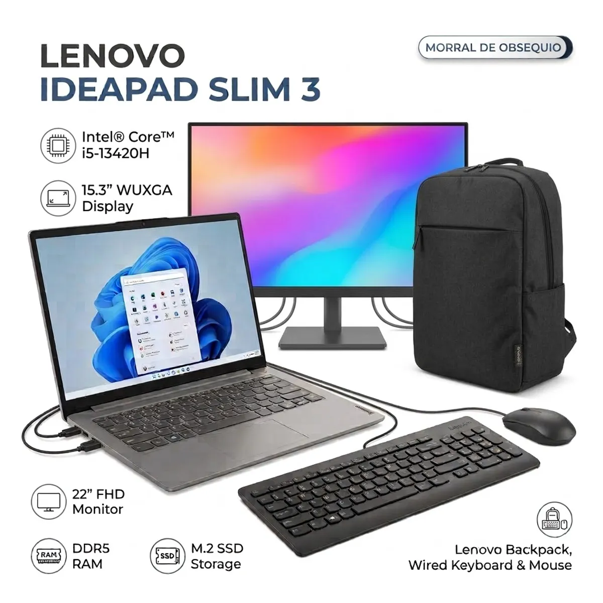 Lenovo - PORTATIL LENOVO IDEAPAD SLIM 3 + MONITOR 22" Y COMBO| INTEL CORE I5 13ª| RAM 24GB SSD 256GB