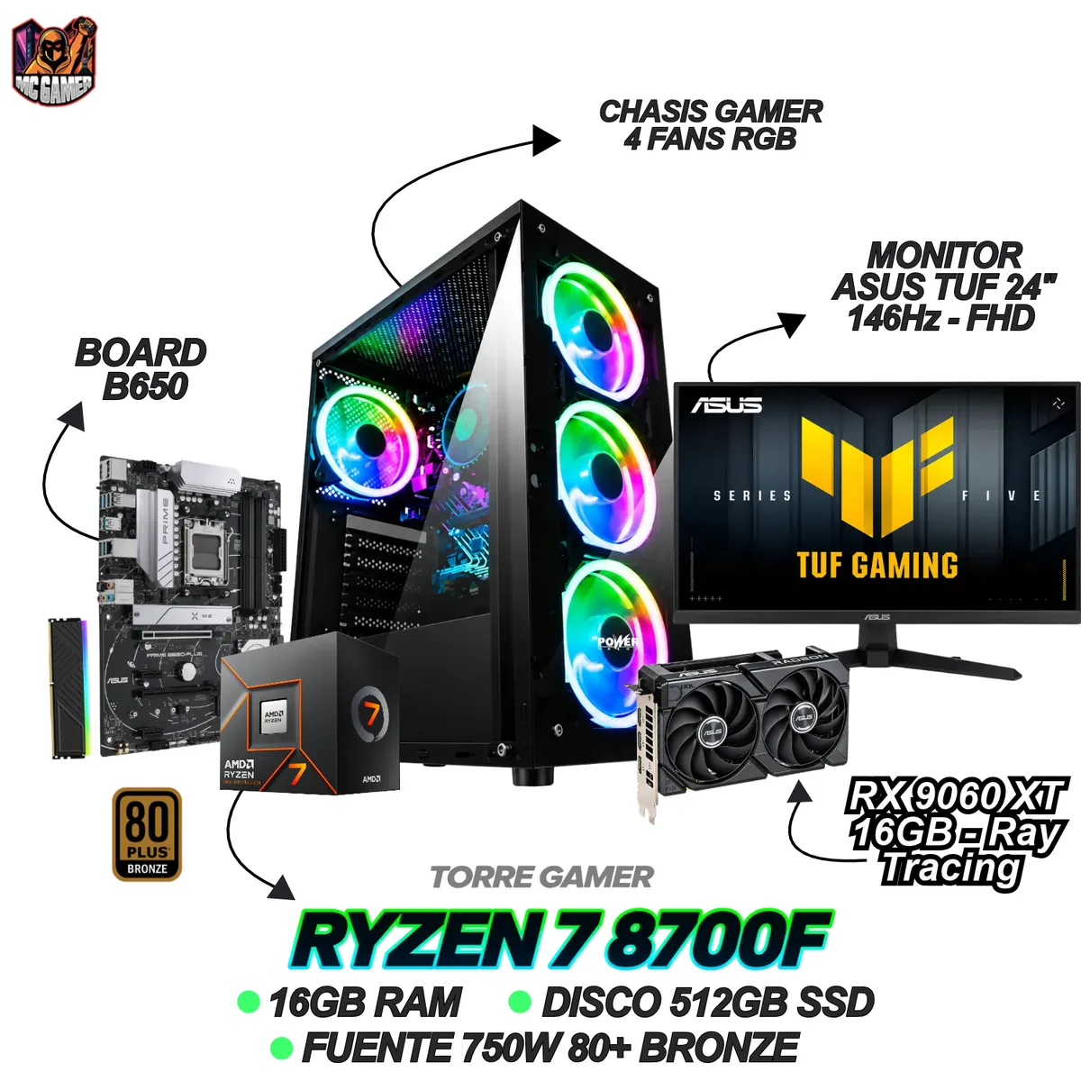 AMD - TORRE GAMER RYZEN 7 8700F - RX 9060XT 16GB - 16GB RAM - 512GB SSD - B650