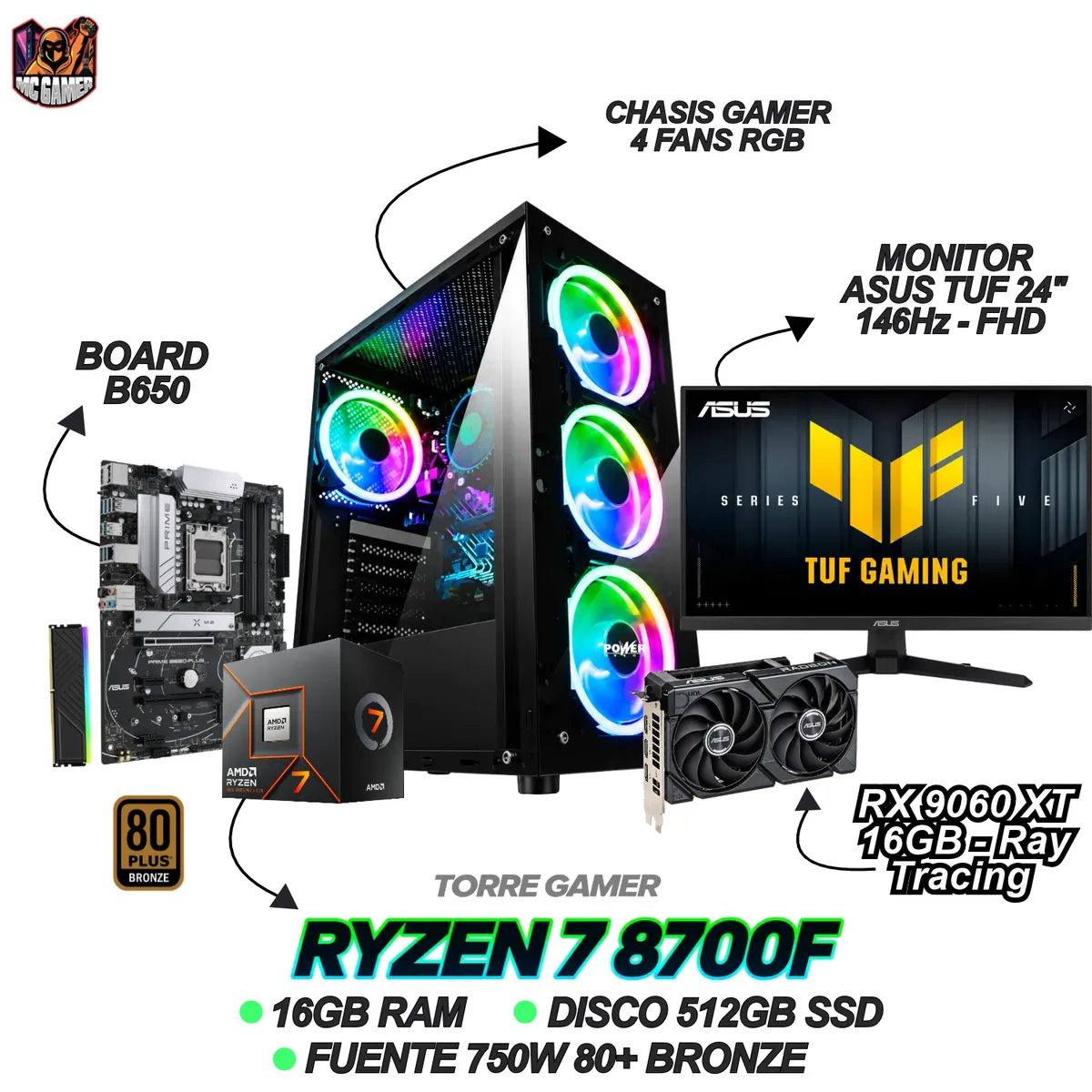AMD - TORRE GAMER RYZEN 7 8700F - RX 9060XT 16GB - 16GB RAM - 512GB SSD - B650