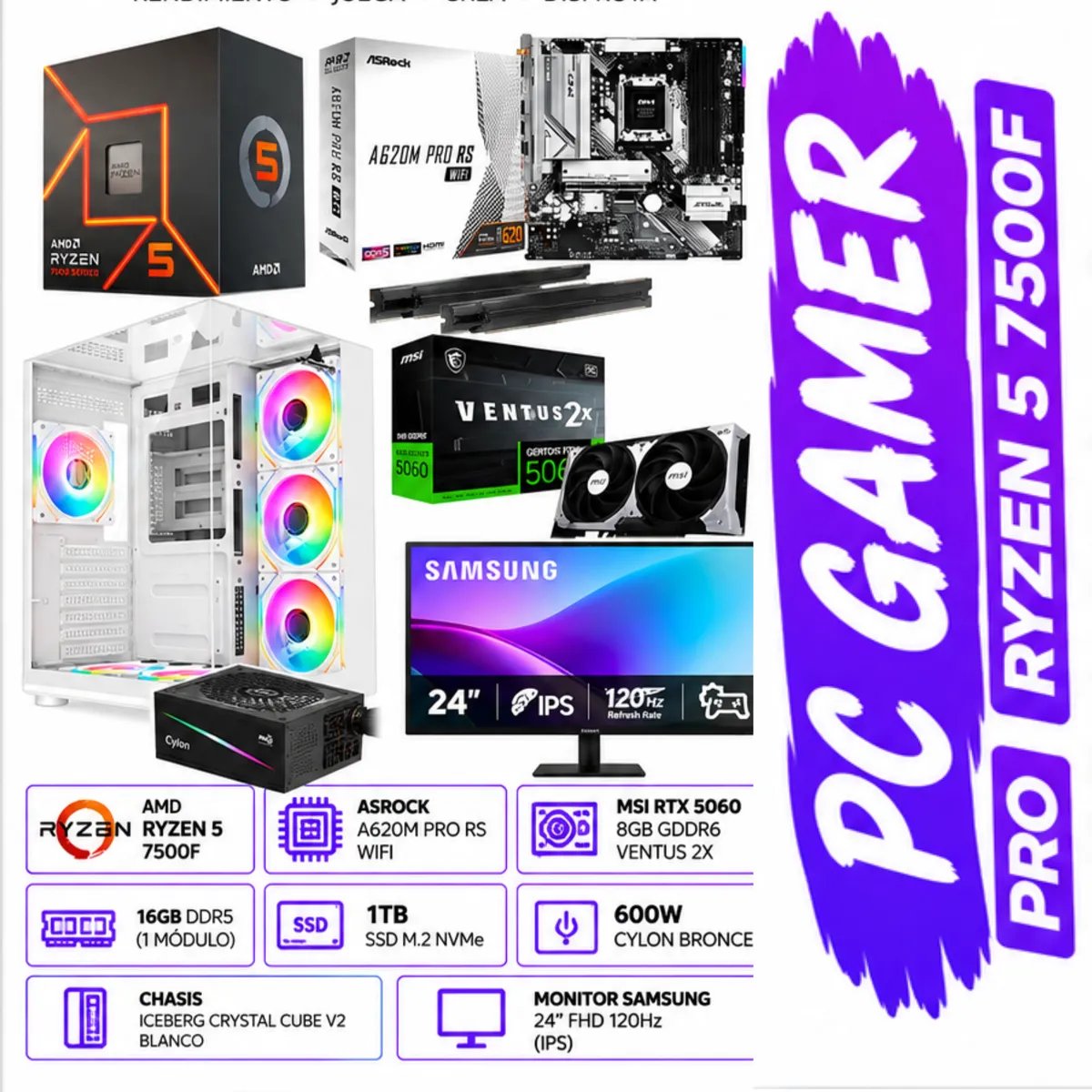 AMD RYZEN - Torre Gamer Ryzen 5 7500f Rtx 5060 8gb 16gb Ddr5 Ssd 1tb