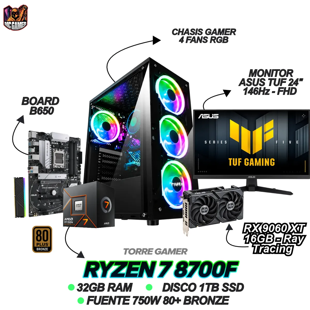 AMD - TORRE GAMER RYZEN 7 8700F - RX 9060XT 16GB - 32GB RAM - 2TB SSD - B650
