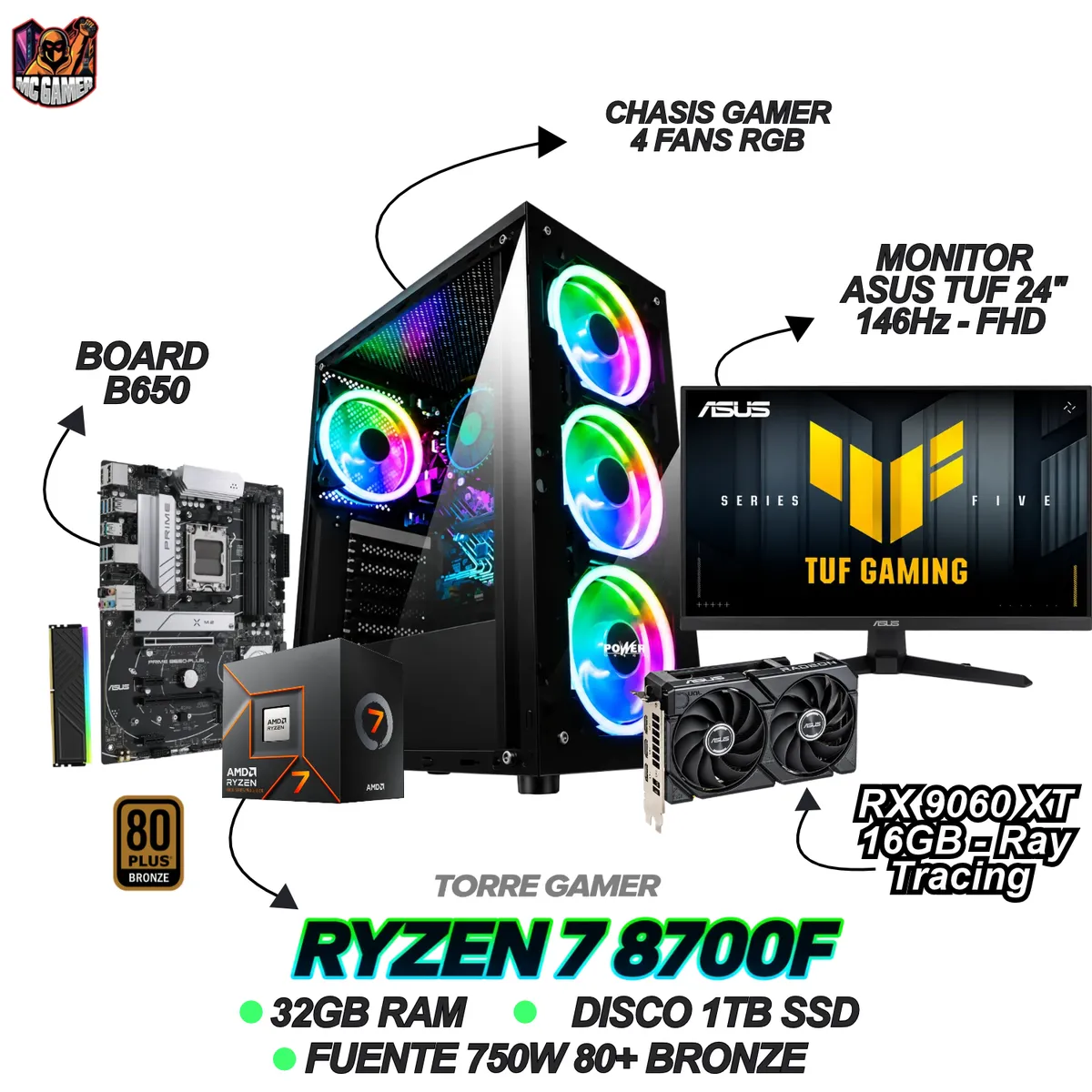 AMD - TORRE GAMER RYZEN 7 8700F - RX 9060XT 16GB - 32GB RAM - 2TB SSD - B650