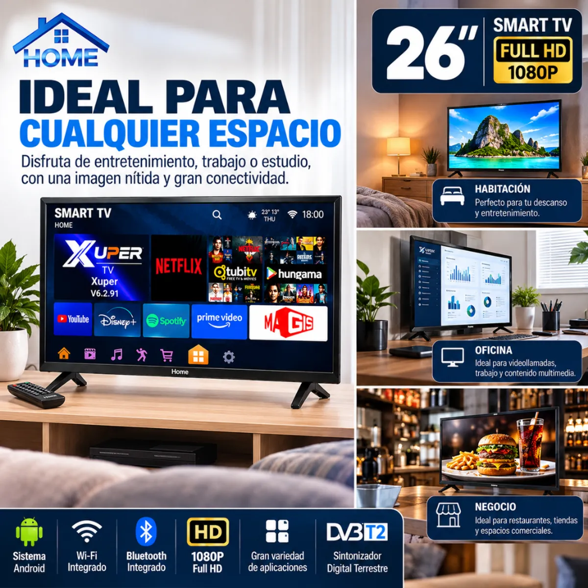HOME - Televisor Smart TV Home 26 Pulgadas Full HD WiFi Bluetooth HDMI USB