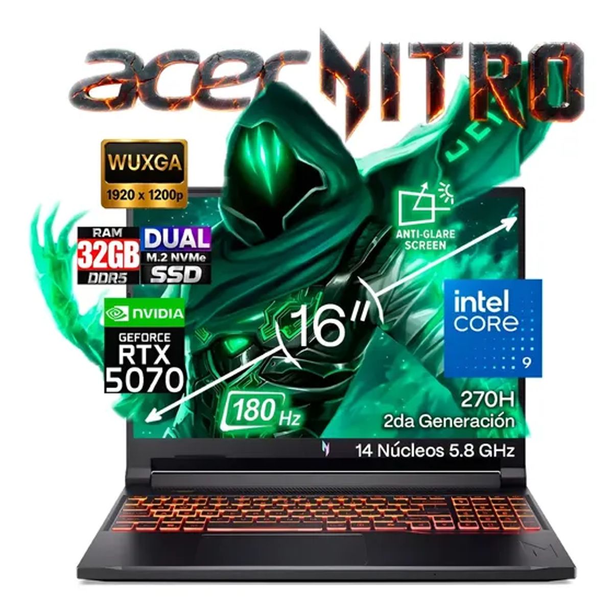 ACER - E GAMING ACER NITRO V16 CORE 9 270H, 32GB RAM, 1 TB SSD, 180 Hz, NVIDIA RTX 5070 8GB