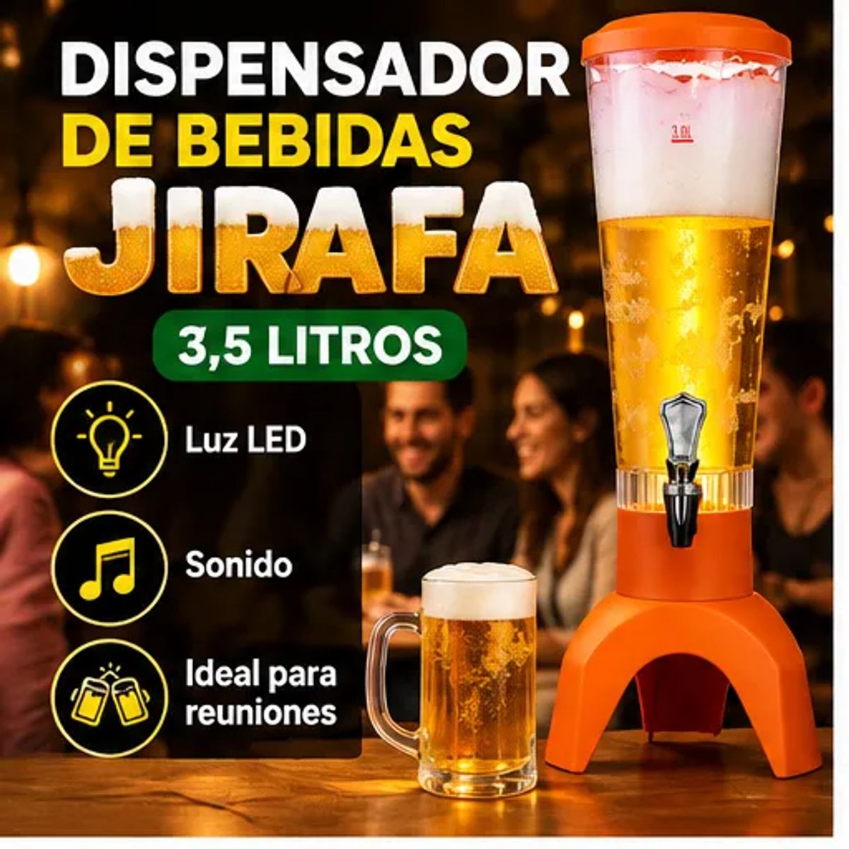 GENERICO - Dispensador Cerveza Jirafa Bebidas 3,5 Litros Led Sonido