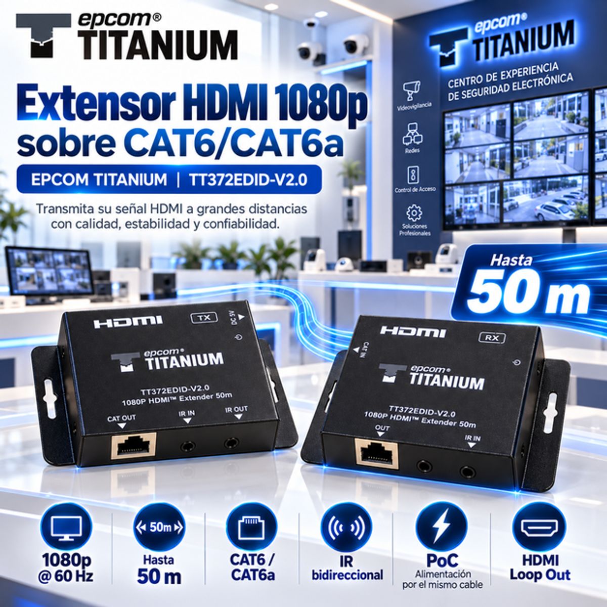 EPCOM - Extender HDMI Epcom Titanium TT372EDID-V2.0 Full HD 1080p 50m CAT6 PoC IR Bidireccional