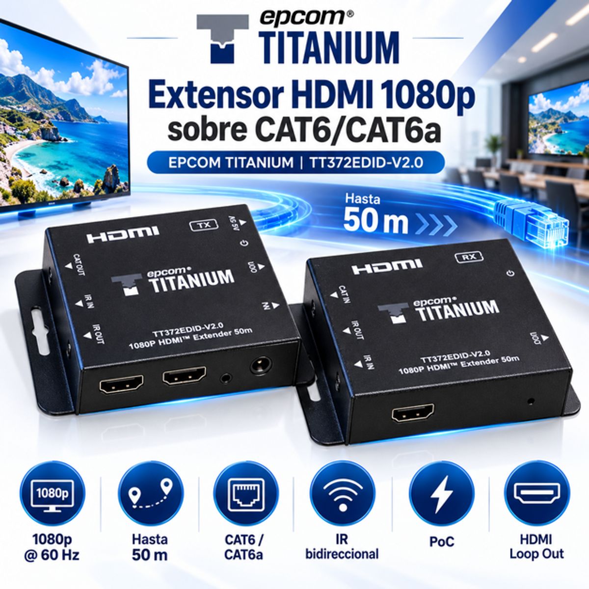 EPCOM - Extender HDMI Epcom Titanium TT372EDID-V2.0 Full HD 1080p 50m CAT6 PoC IR Bidireccional