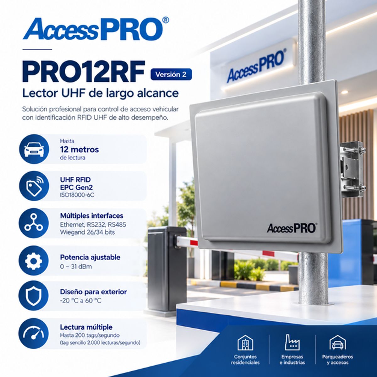 ACCESSPRO - Lector RFID UHF AccessPRO PRO12RF Largo Alcance 12m Wiegand Control Acceso Vehicular