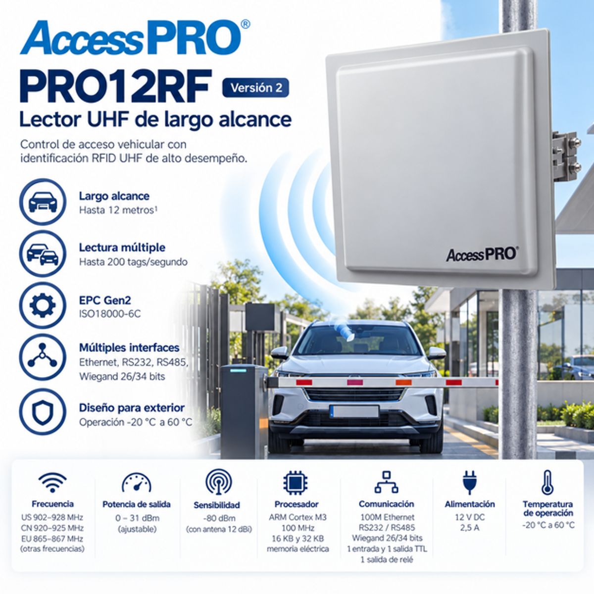 ACCESSPRO - Lector RFID UHF AccessPRO PRO12RF Largo Alcance 12m Wiegand Control Acceso Vehicular