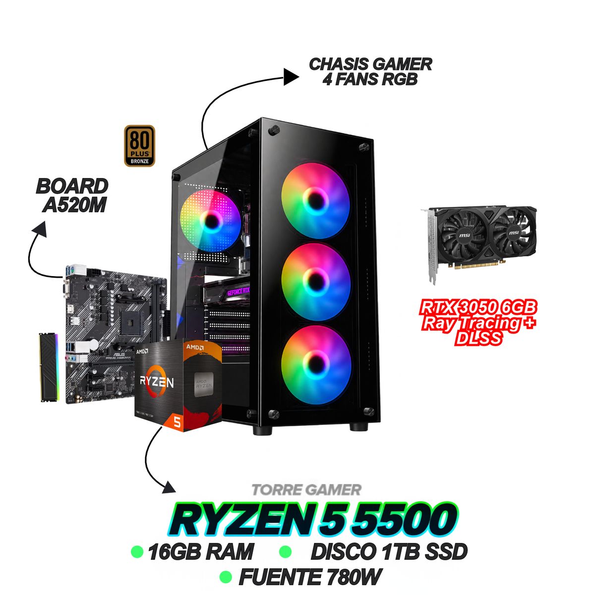 AMD - COMPUTADOR GAMER RYZEN 5 5500 / 3050 6GB / A520M / RAM 16GB / 1TB SSD M.2