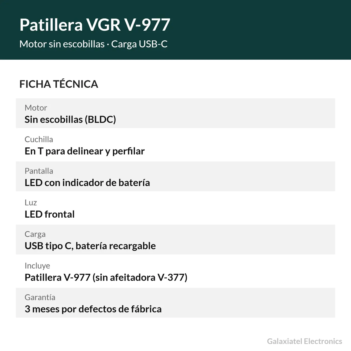 VGR - Patillera Profesional VGR V-977 Recargable USB-C Motor Sin Escobillas