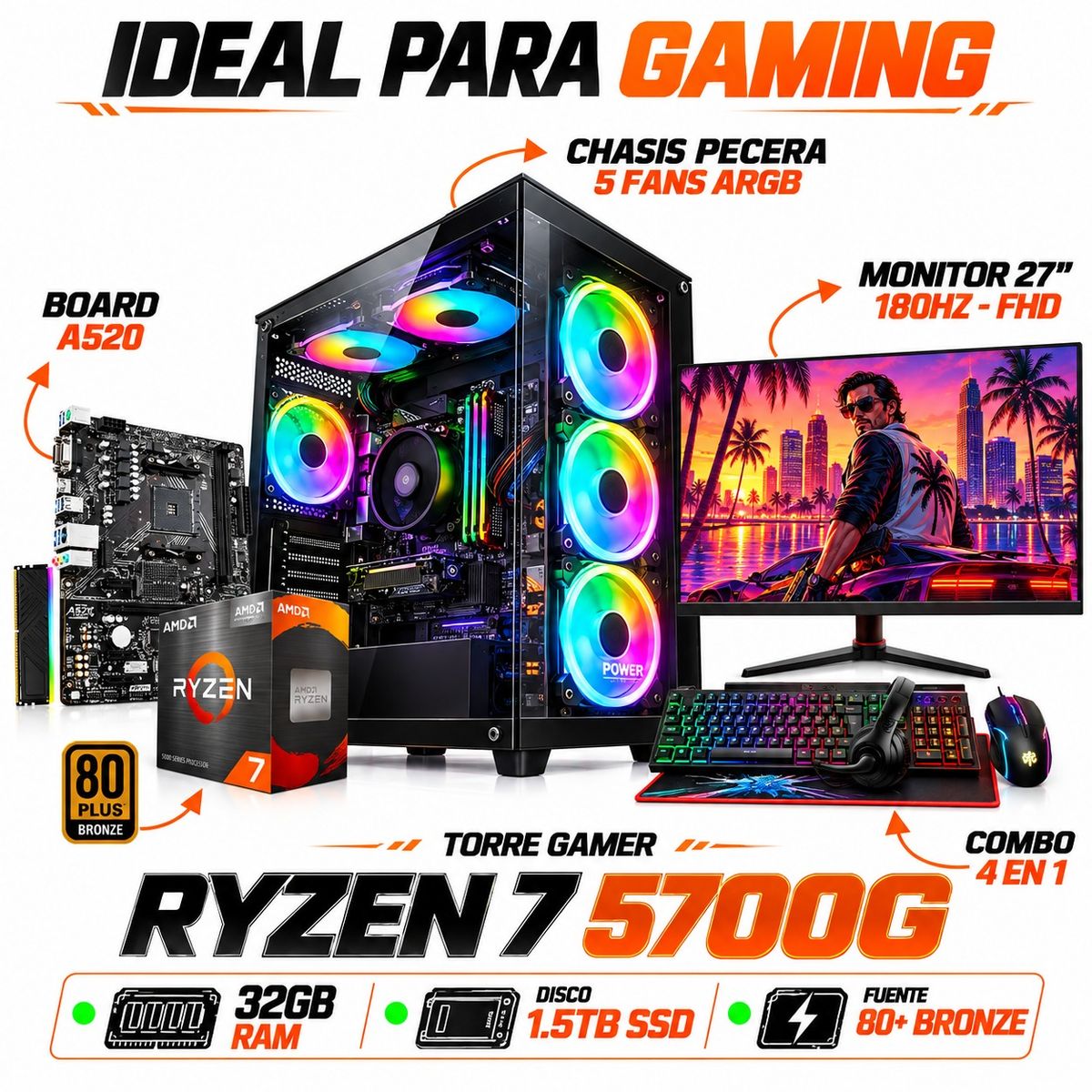 AMD RYZEN - PC GAMING - RYZEN 7 5700G | 32GB RAM | 1.5TB SSD | MONITOR 27” 180Hz + COMBO 4 EN 1