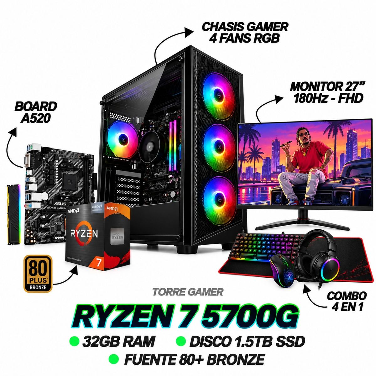 AMD RYZEN - PC GAMER RYZEN 7 5700G - 32GB RAM - SSD 1.5TB - MONITOR 27” 180Hz + COMBO 4 EN 1