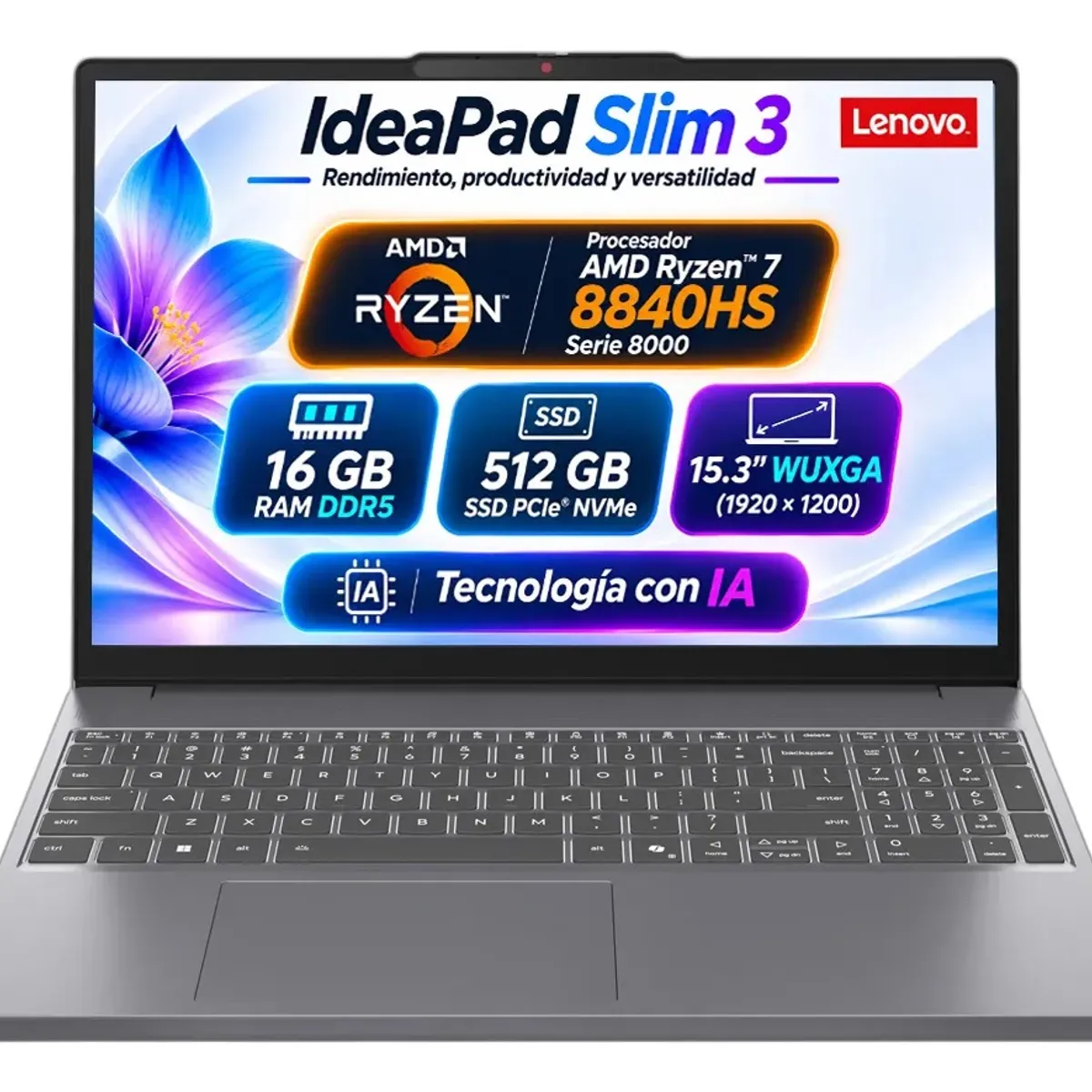 Lenovo - Portátil Lenovo IdeaPad Slim 3 Ryzen 7 8840HS 16GB DDR5 512GB SSD 15.3" WUXGA IA