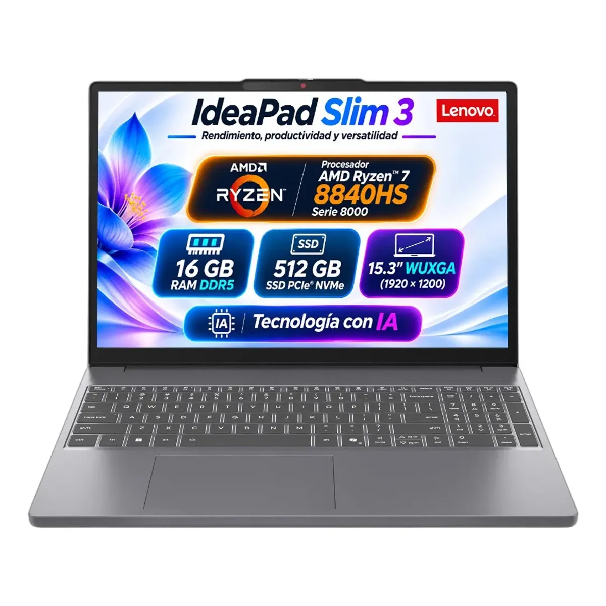 Lenovo - Portátil Lenovo IdeaPad Slim 3 Ryzen 7 8840HS 16GB DDR5 512GB SSD 15.3" WUXGA IA