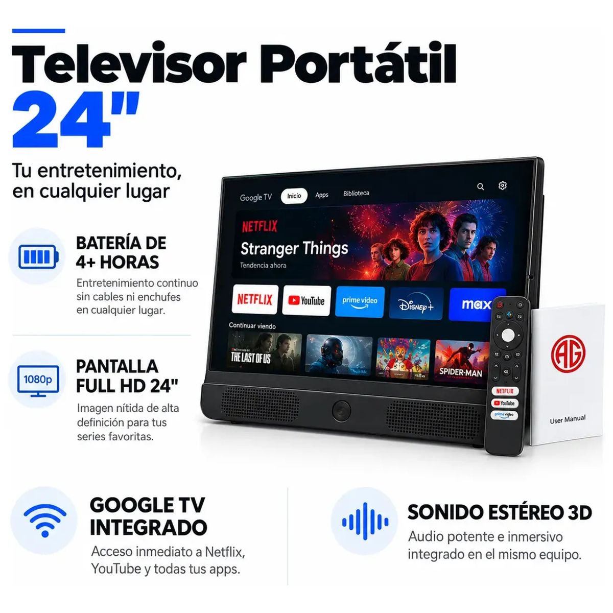 Televisor Portatil Recargable 24 Pulgadas TDT Android Tv Full HD ...
