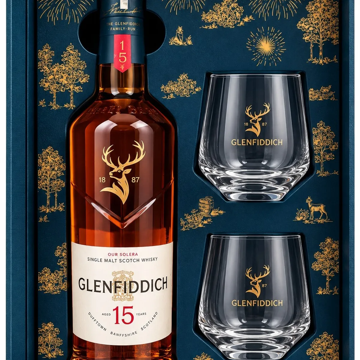 GLENFIDDICH - WHISKY SINGLE MALT GLENFIDDICH FESTIVE 15 AÑOS 700 ML MAS VASOS