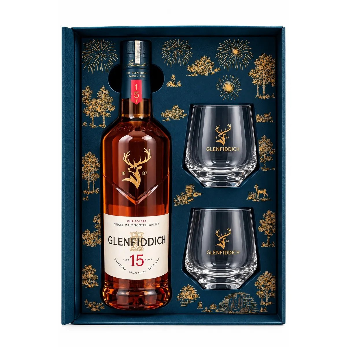GLENFIDDICH - WHISKY SINGLE MALT GLENFIDDICH FESTIVE 15 AÑOS 700 ML MAS VASOS