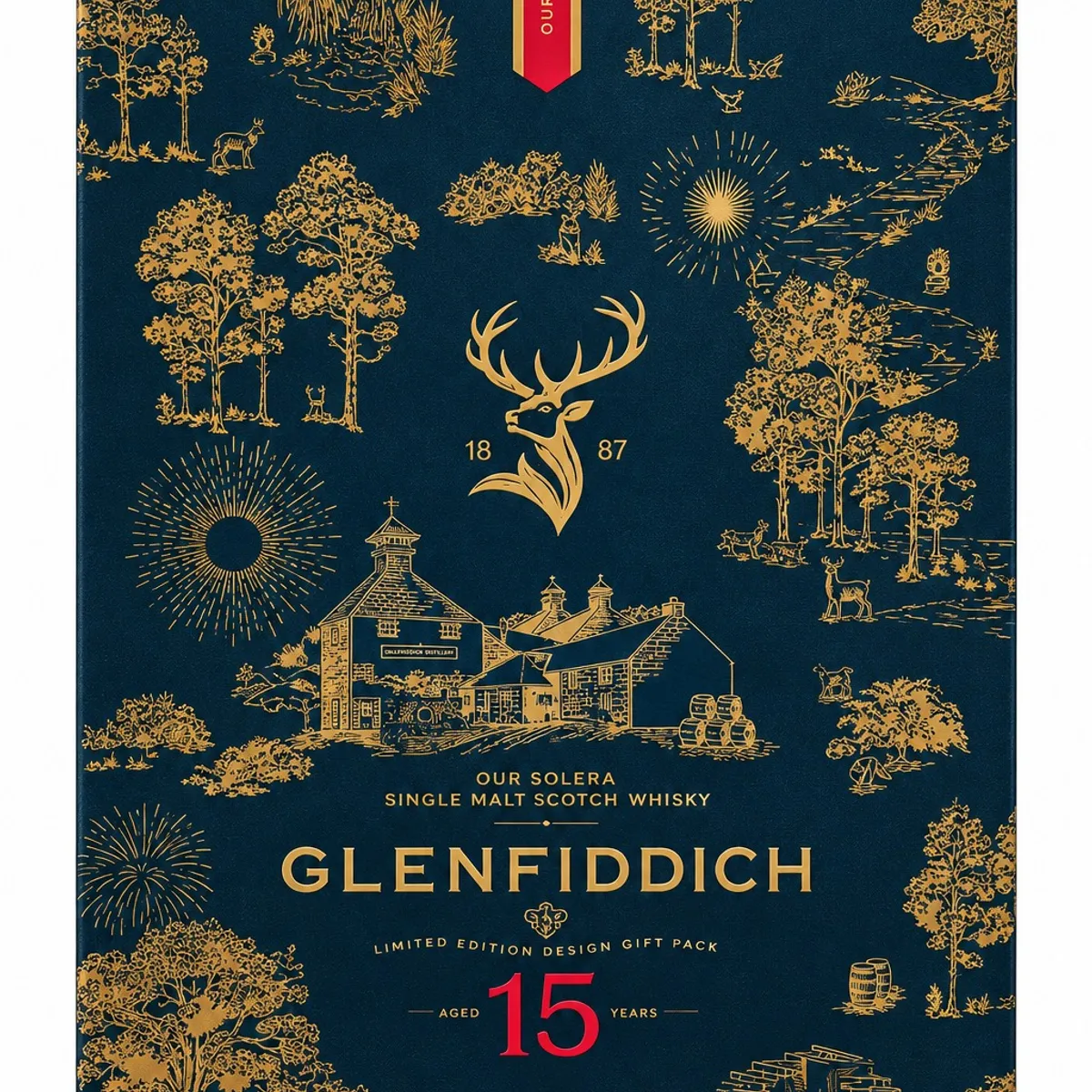 GLENFIDDICH - WHISKY SINGLE MALT GLENFIDDICH FESTIVE 15 AÑOS 700 ML MAS VASOS