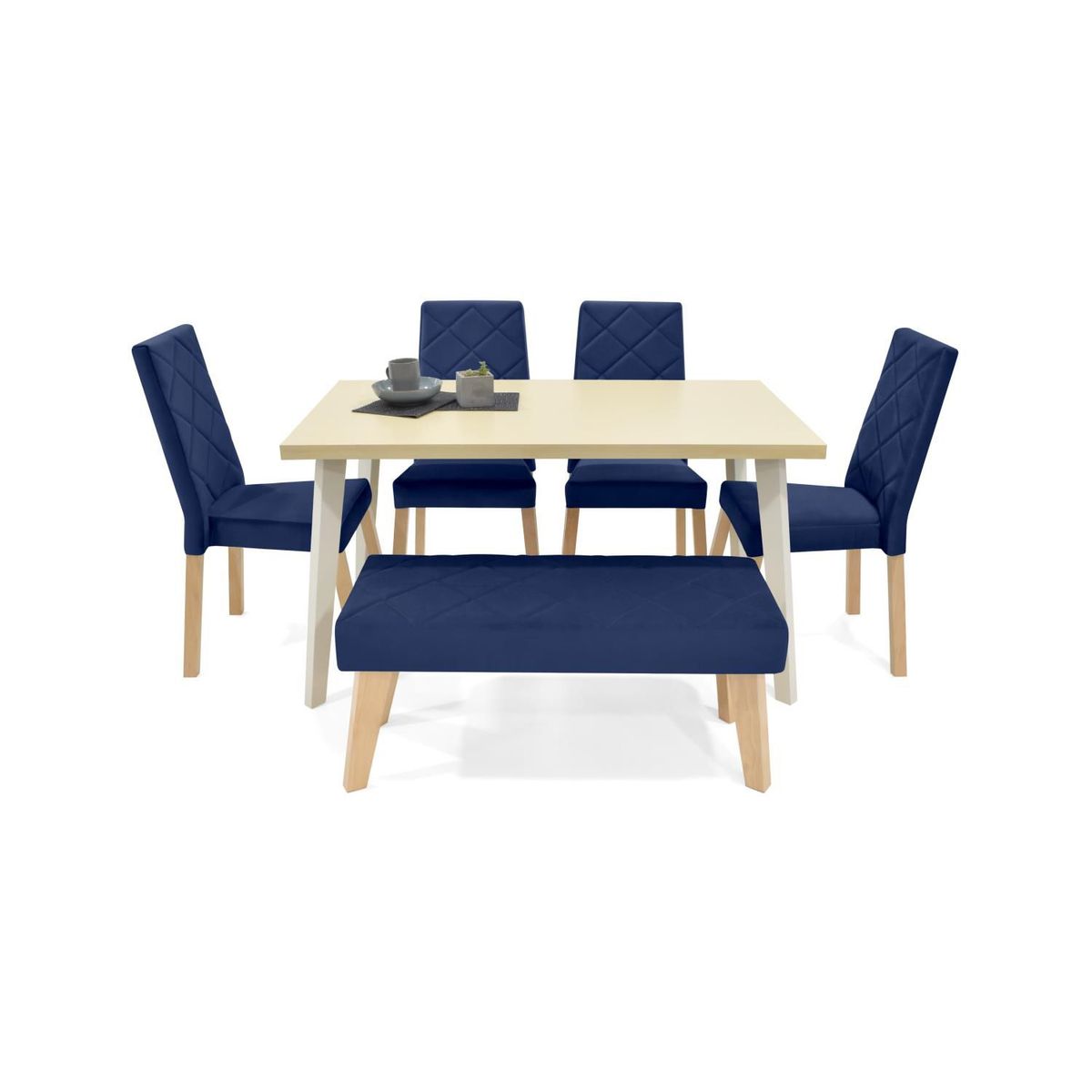 MICA - Juego de Comedor Moderno para 6 Personas Azul (Comedor + 4 Sillas + Banca) Mica