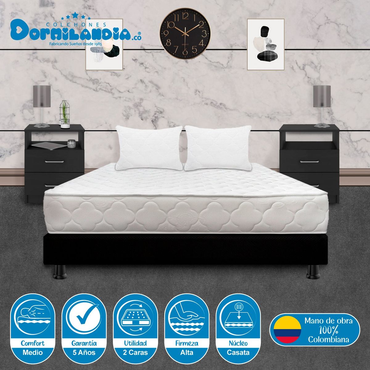 DORMILANDIA - Colchón con Base Cama cama King Firme Espumado Macizo 200 x 200 cm Dormilandia