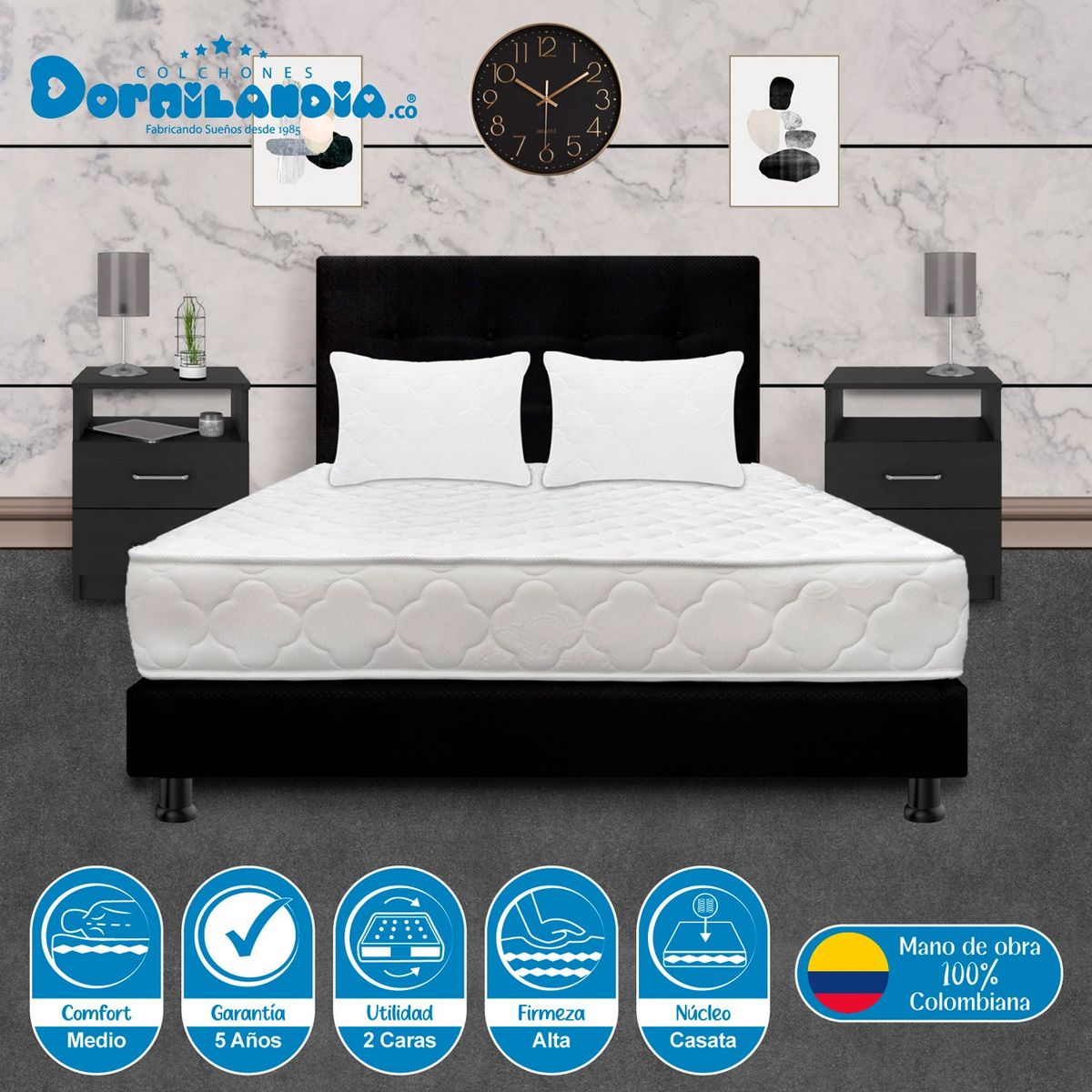 DORMILANDIA - Colchón con Base Cama Semidoble Firme Espumado Macizo 120 x 190 cm + Cabecero Dormilandia