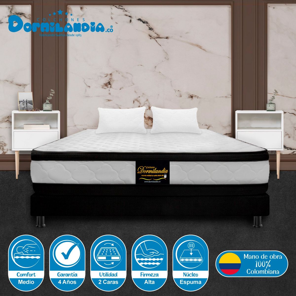 DORMILANDIA - Colchón con Base Cama King Firmeza Media Espumado con Doble Pillow Malta 200 x 200 cm Dormilandia - Compra Sin Interes, Te Devolvemos el 100% de los Intereses Pagando con Tarjeta CMR Banco Falabella a 3 Cuotas