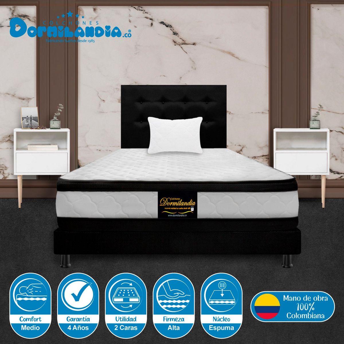 DORMILANDIA - Colchón con Base Cama cama Sencillo Firmeza Media Espumado con Doble Pillow Malta 100 x 190 cm + Cabecero Dormilandia - Compra Sin Interes, Te Devolvemos el 100% de los Intereses Pagando con Tarjeta CMR Banco Falabella a 3 Cuotas