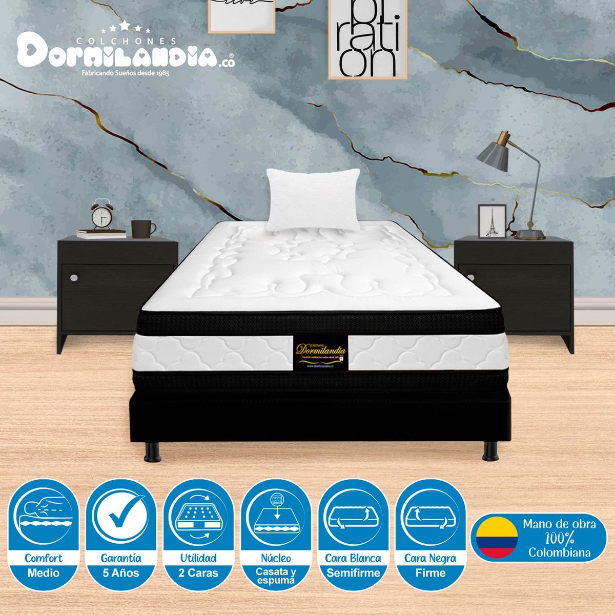 DORMILANDIA - Colchón con Base Cama cama Sencillo Firme Espumado con Doble Pillow Hibrido 100 x 190 cm Dormilandia