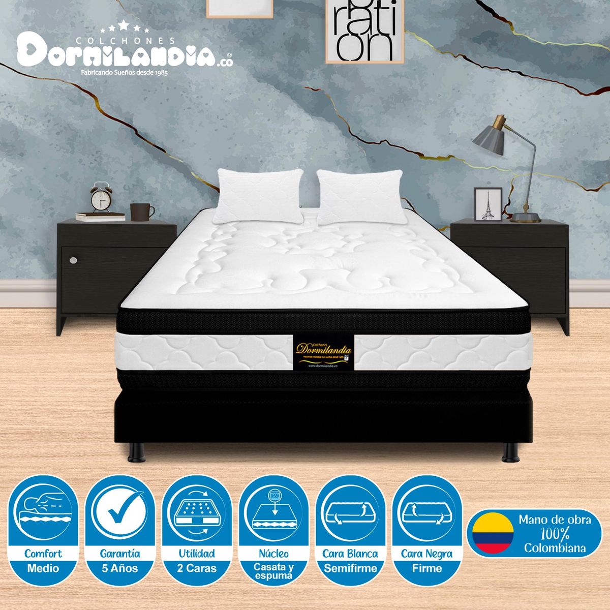 DORMILANDIA - Colchón con Base Cama Queen Firme Espumado con Doble Pillow Hibrido 160 x 190 cm Dormilandia