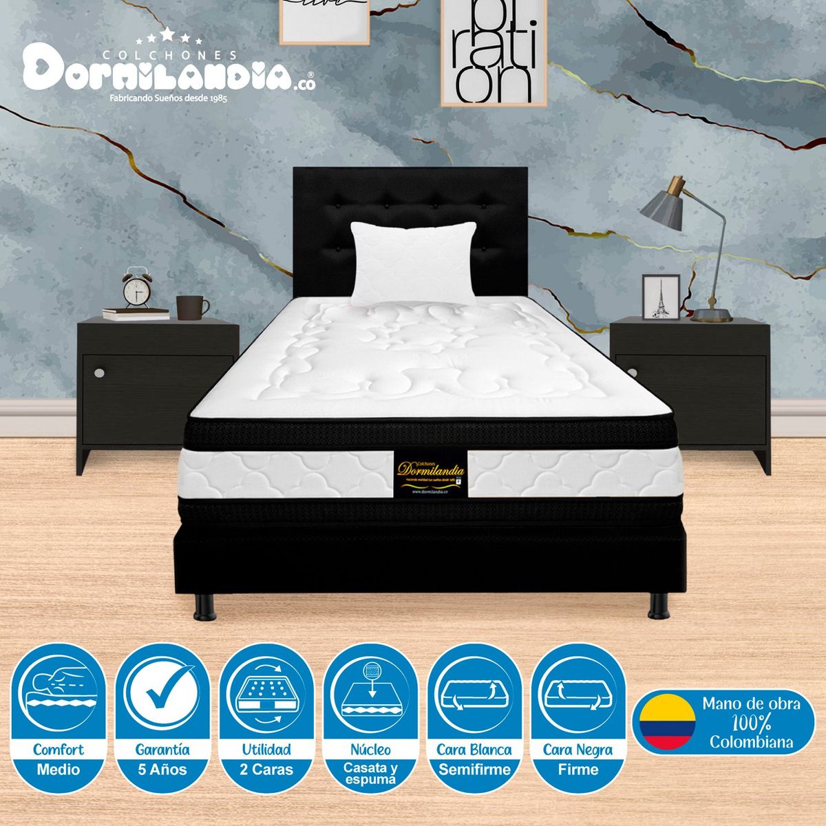 DORMILANDIA - Colchón con Base Cama cama Sencillo Firme Espumado con Doble Pillow Hibrido 100 x 190 cm Dormilandia