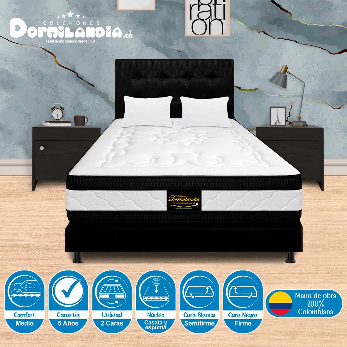 DORMILANDIA - Colchón con Base Cama Queen Firme Espumado con Doble Pillow Hibrido 160 x 190 cm Dormilandia
