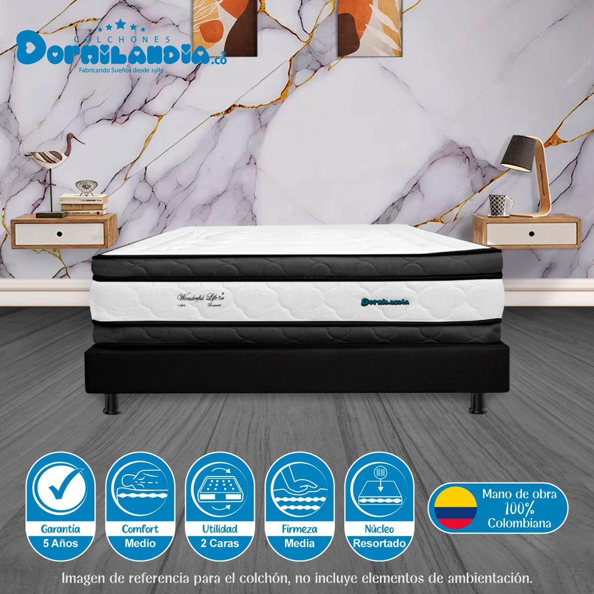 DORMILANDIA - Colchón Doble Firmeza Media Ortopédico Resortado con Doble Pillow Wonderful 140 x 190 cm Dormilandia