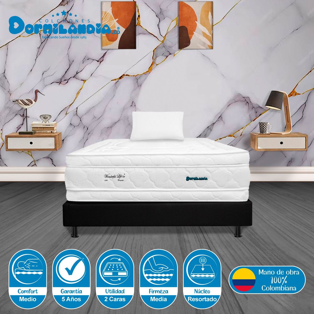 DORMILANDIA - Colchón con Base Cama cama Sencillo Firmeza Media Ortopédico Resortado con Doble Pillow Wonderful 100 x 190 cm Dormilandia