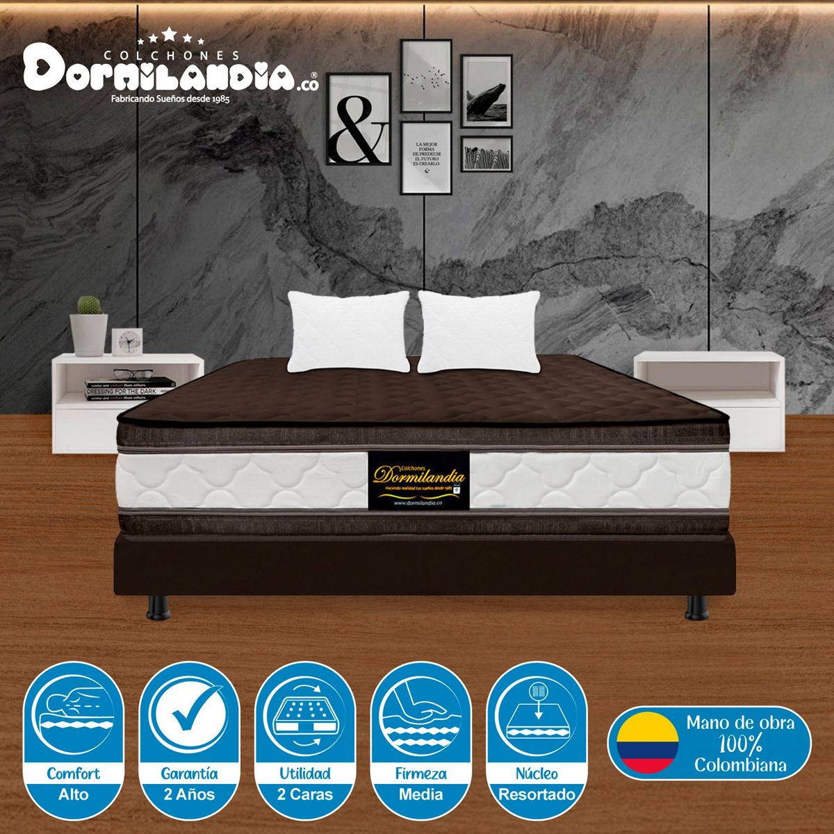 DORMILANDIA - Colchón con Base Cama cama Queen Firmeza Media Ortopédico Resortado con Doble Pillow Marshall 160 x 190 cm Dormilandia