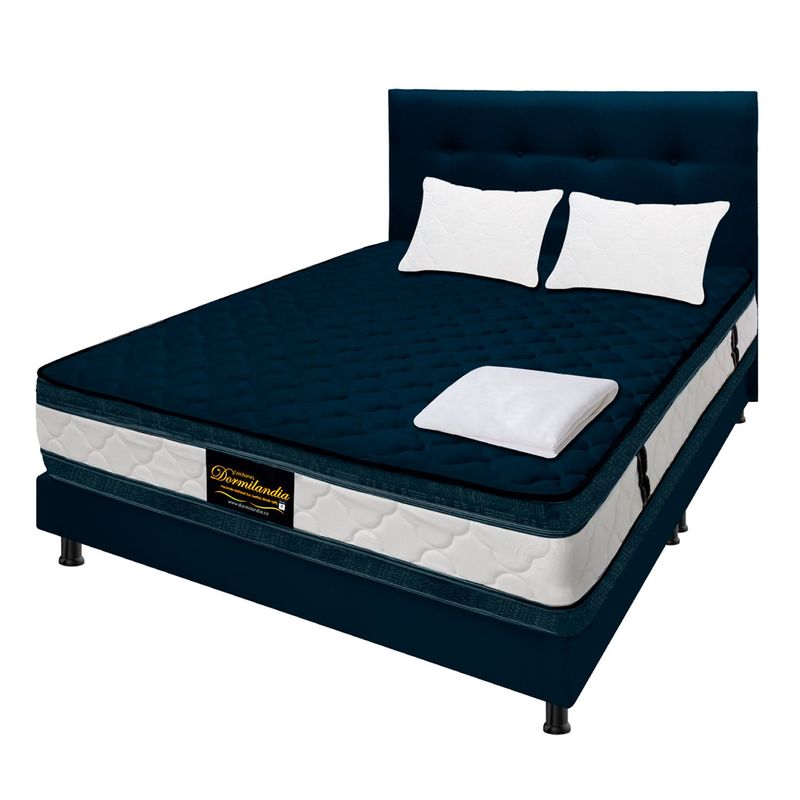DORMILANDIA - Colchón con Base Cama Doble Firmeza Media Ortopédico Resortado con Doble Pillow Marshall 140 x 190 cm + Cabecero Dormilandia - 0% Interés a 3 Cuotas Pagando con tu CMR Banco Falabella