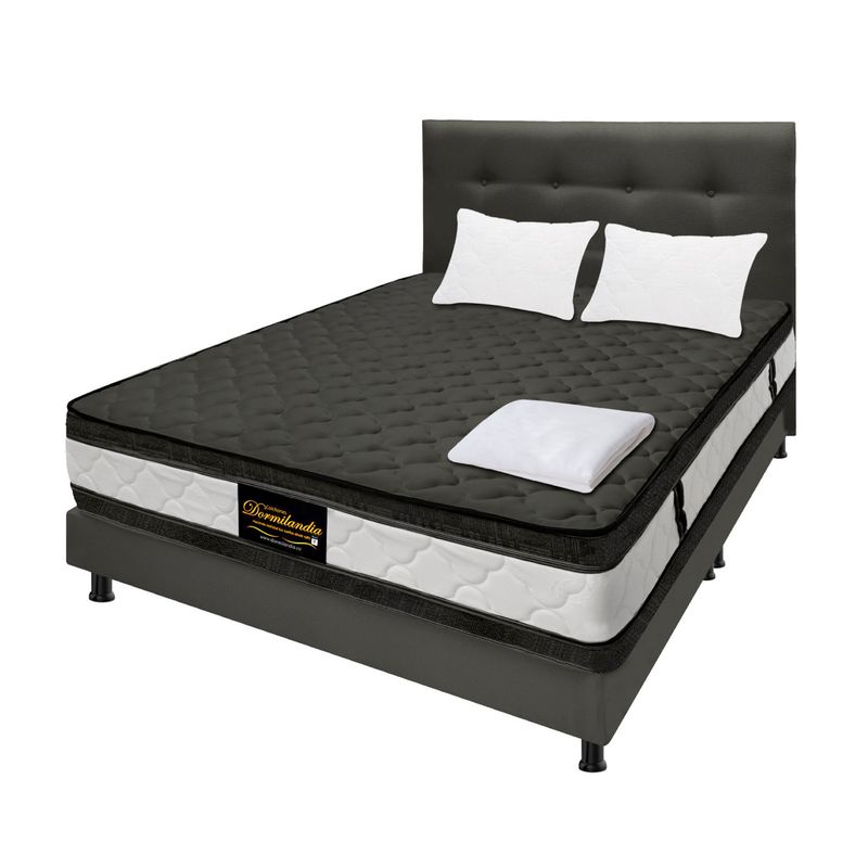 DORMILANDIA - Colchón con Base Cama Doble Firmeza Media Ortopédico Resortado con Doble Pillow Marshall 140 x 190 cm + Cabecero Dormilandia - 0% Interés a 3 Cuotas Pagando con tu CMR Banco Falabella