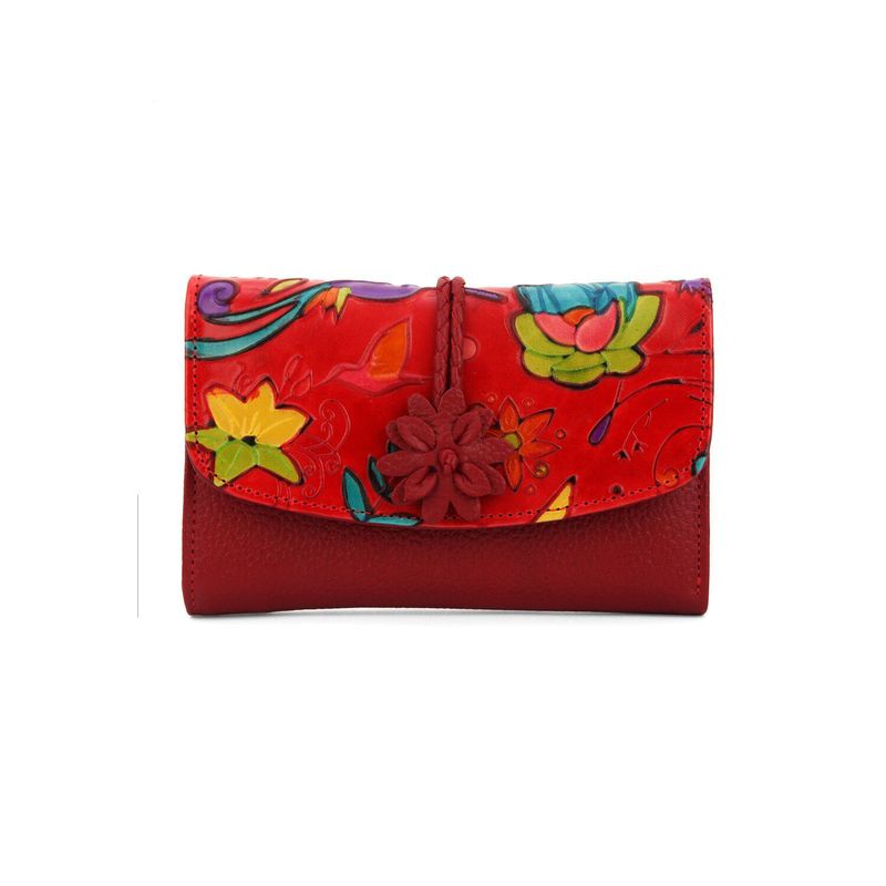 MACOLY - Billetera Mediana 704 Cuero Rojo Tala Flores