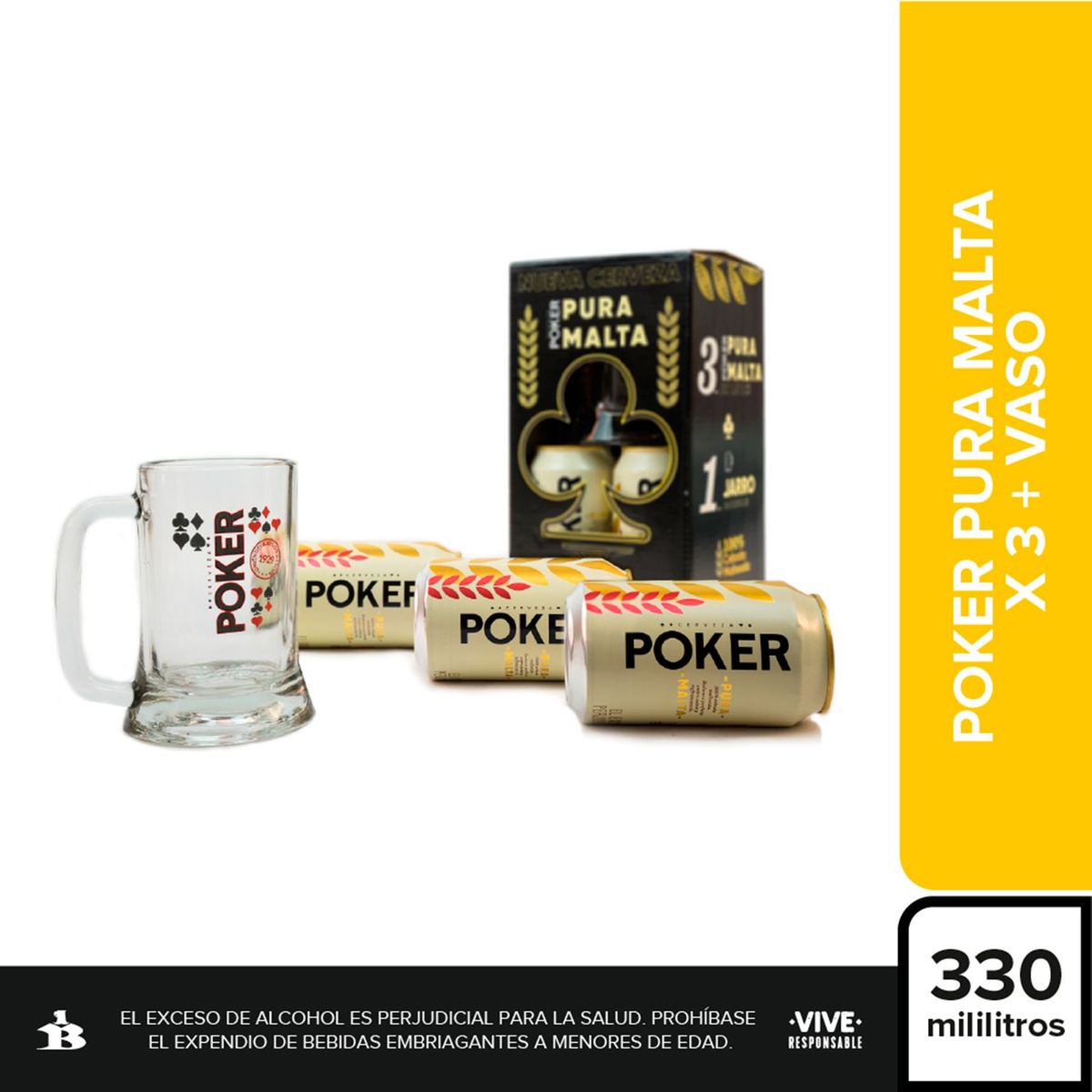  - Set x3 Cerveza Poker Malta Lata 330 ml + Vaso