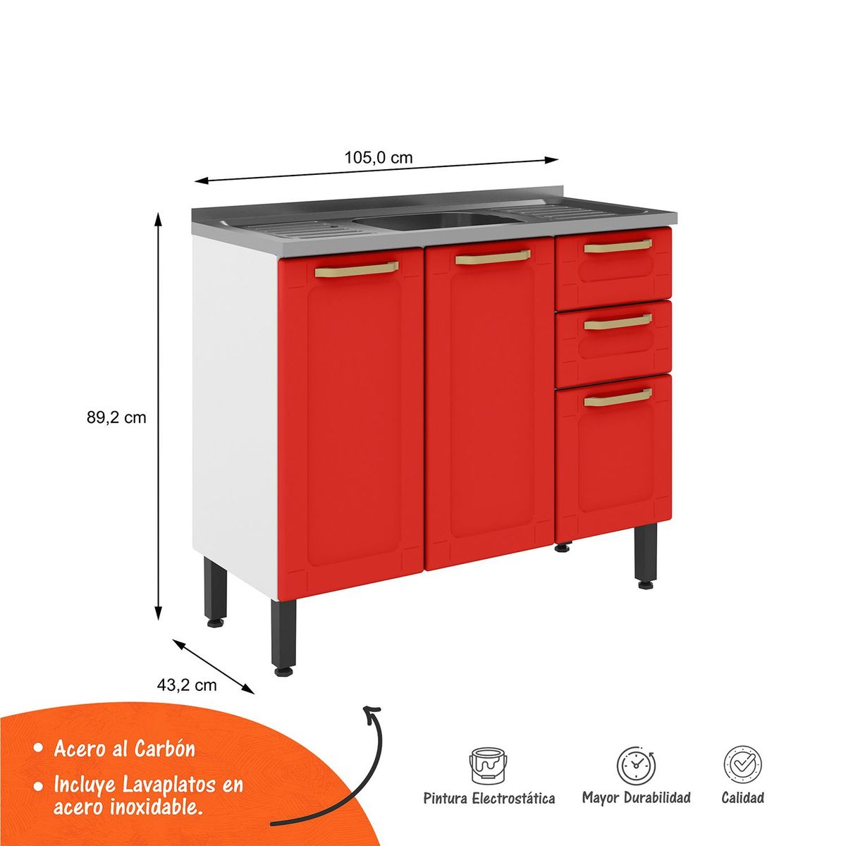 BERTOLINI - Mueble Inferior de Cocina 105 Cm en Acero Al Carbon Incluye Lavaplatos - Mueble