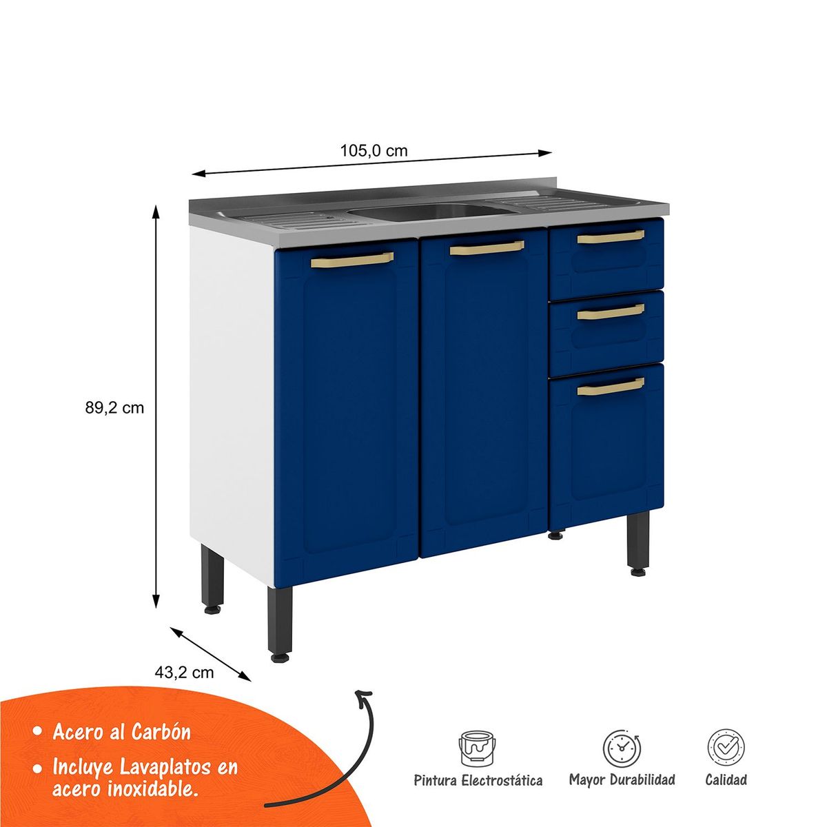 BERTOLINI - Mueble Inferior de Cocina 105 Cm en Acero Al Carbon Incluye Lavaplatos - Mueble