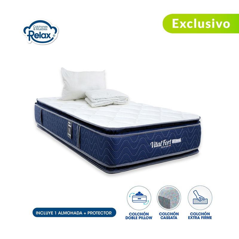 COLCHONES RELAX - Colchón Sencillo Firme Doble Pillow Espumado Vital Fort 100 x 190 cm + Almohada + Protector Colchones Relax