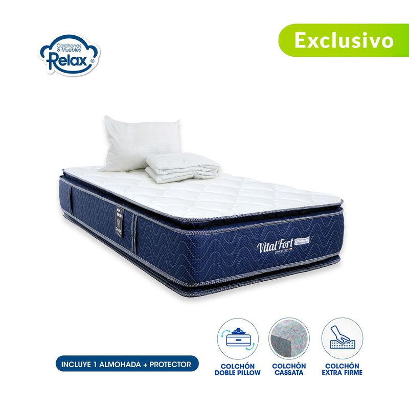 COLCHONES RELAX - Colchón SemiDoble Firme Doble Pillow Espumado Vital Fort 120 x 190 cm + Almohada + Protector Colchones Relax - 0% Interés a 3 Cuotas Pagando con tu CMR Banco Falabella