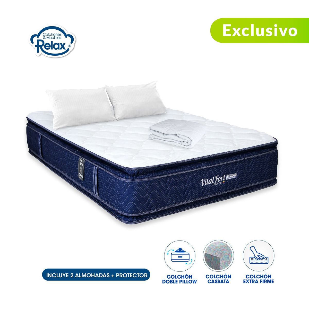 COLCHONES RELAX - Colchón Doble Firme Doble Pillow Espumado Vital Fort 140 x 190 cm + 2 Almohadas + Protector Colchones Relax