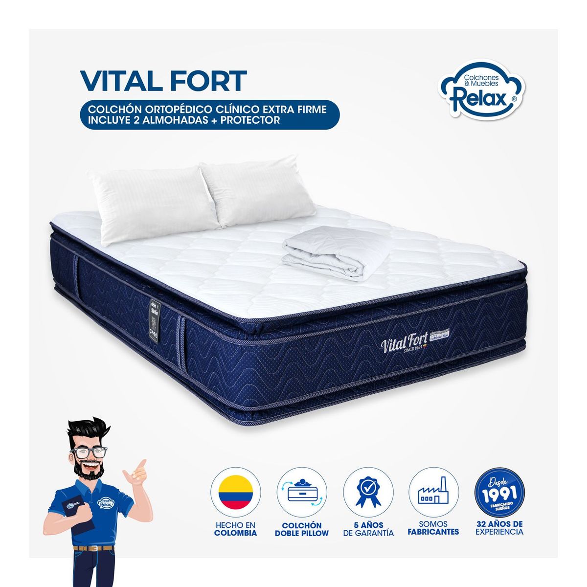 COLCHONES RELAX - Colchón Doble Firme Doble Pillow Espumado Vital Fort 140 x 190 cm + 2 Almohadas + Protector Colchones Relax