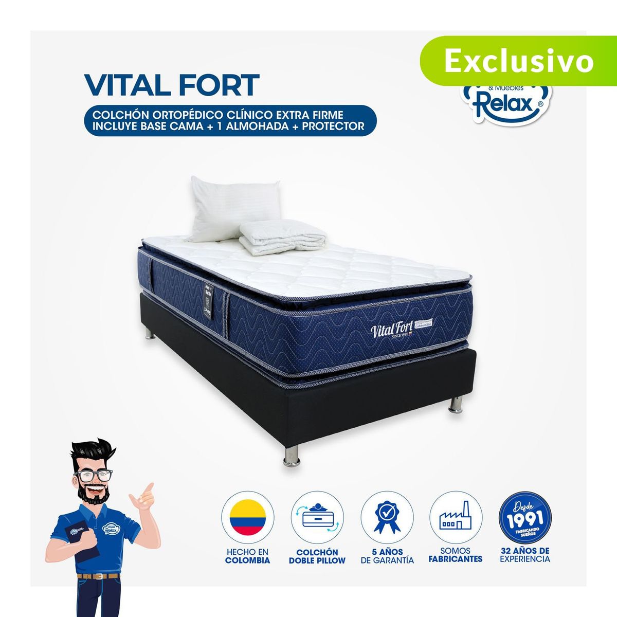 COLCHONES RELAX - Colchón con Base Cama Sencillo Firme Doble Pillow Espumado Vital Fort 100 x 190 cm + Almohada + Protector Colchones Relax