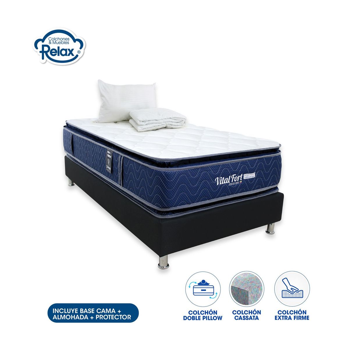 COLCHONES RELAX - Colchón con Base Cama Sencillo Firme Doble Pillow Espumado Vital Fort 100 x 190 cm + Almohada + Protector Colchones Relax