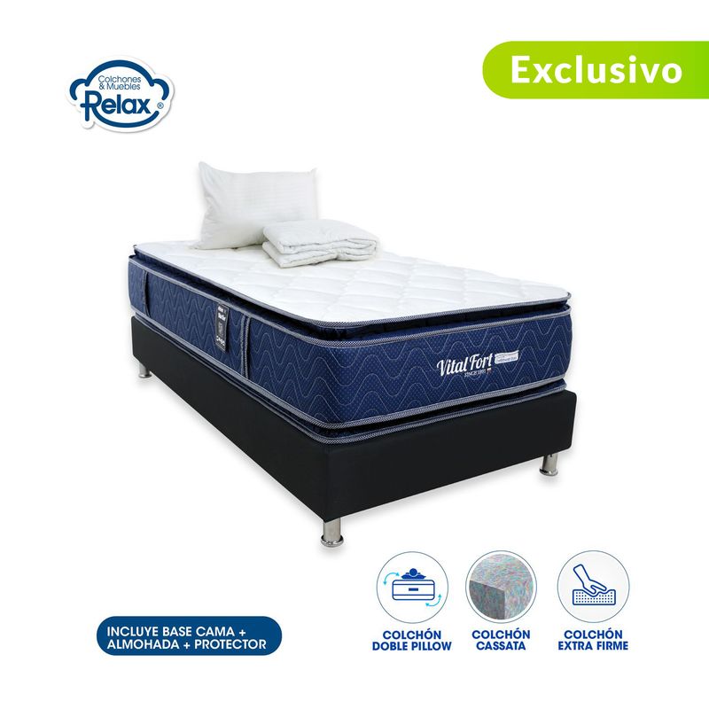 COLCHONES RELAX - Colchón con Base Cama SemiDoble Firme Doble Pillow Espumado Vital Fort 120 x 190 cm + Almohada + Protector Colchones Relax - 0% Interés a 3 o 6 Cuotas Pagando con tu CMR Banco Falabella 